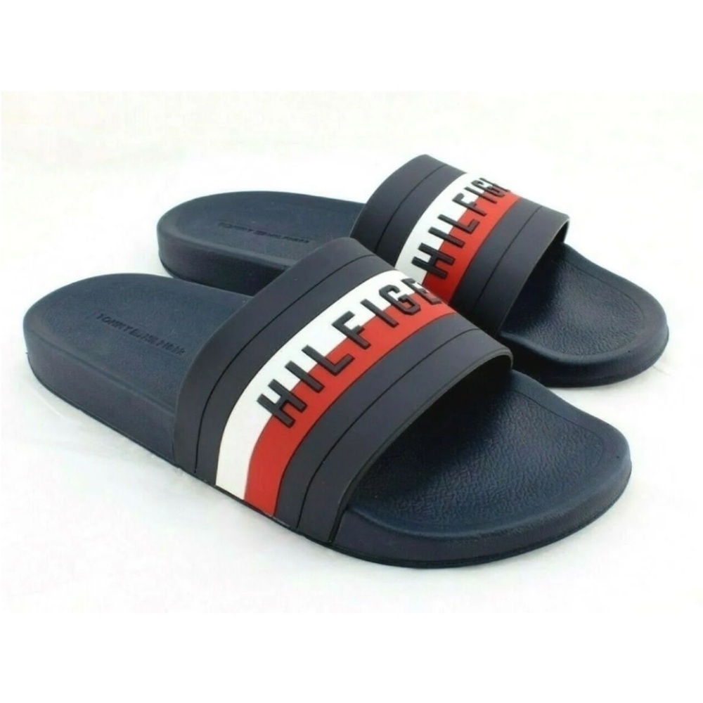 HILFIGER Dark Blue Sky Size 11 Red, White & Navy Blue Slide Men's Sandals.​​​​​​